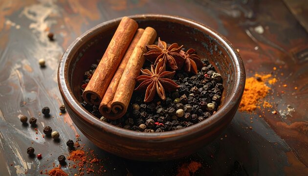 Close-up of a rustic bowl holding various spices. Cinnamon sticks, star anise, and peppercorns are visible