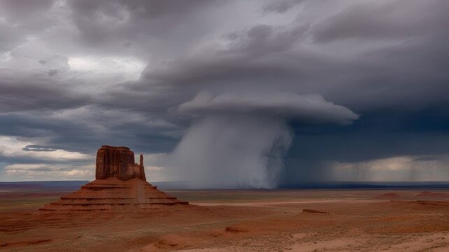Dramatic Storm Clouds over Monument Valley Desert Landscape &ndash; Powerful Rain Microburst Falling Near Red Rock Butte Butte, Atmospheric Moody Sky, Southwest USA Wilderness & Stormy Weather Photography
