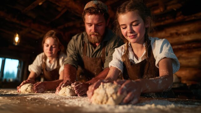 A family engages in the joyful art of baking as they knead dough together, fostering bonds and creating delicious memories in a warm, rustic kitchen setting.