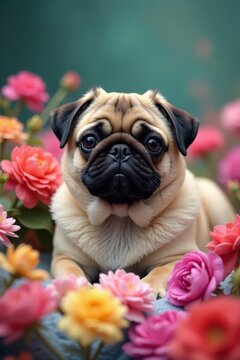 A fluffy pug rests amid a profusion of colorful flowers , summer, pet lover