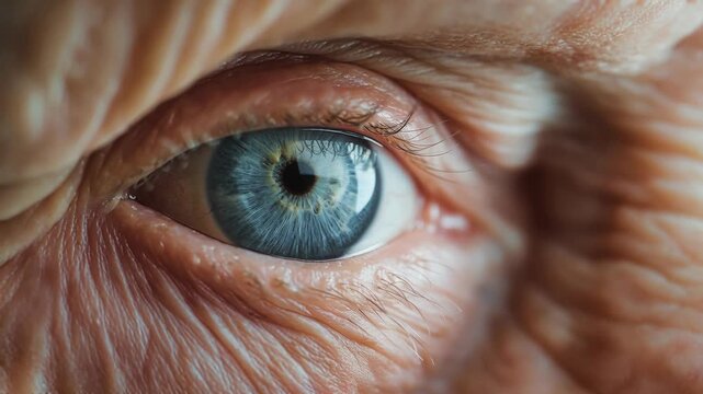 Close up of blue eye of elderly woman opening and closing. Macro shot demonstrating eyelids movement. Human anatomy and aging process skin texture detail study.