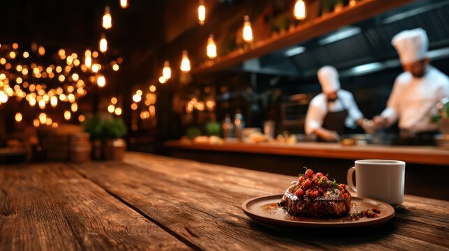 A beautifully presented dessert sits on a rustic wooden table with an inviting cup of coffee, surrounded by warm lights and chefs in action in the background.