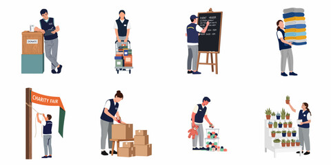 Fototapeta premium Flat vector illustration set of volunteers preparing for a charity fair, collecting donations, packing boxes, and organizing items for a good cause.