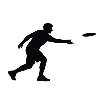 A silhouette of a man throwing a frisbee disc across a bright and plain white background area