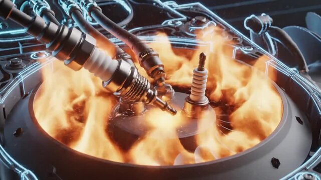Close-up view of a combustion engine with flames and spark plugs.