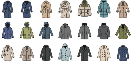 Collection of jackets and coats with different styles isolated on white background modern fashion clothing vector illustration set © Prodip