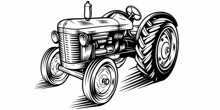 Vintage Farm Tractor Monochrome Line Art Illustration