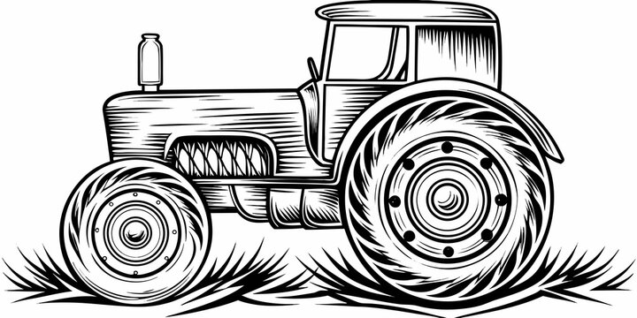 Industrial Farm Tractor Monochrome Line Art Illustration