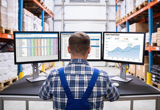 Warehouse manager using computers for inventory and sales data analysis