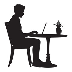 Fototapeta premium A person sits at a table with a laptop and coffee depicted in silhouette