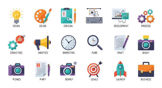 Collection of flat design illustrations showing various business-related concepts
