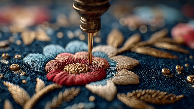 Sewing needle and gold thread on patterned cloth craft background wallpapers