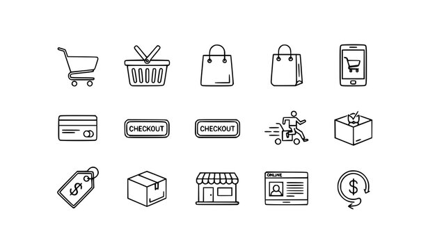 Minimalist e commerce line icon set with shopping cart basket bag mobile payment symbols for web and app design