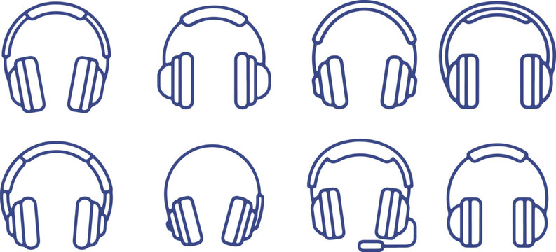 Varied styles of headphones and headsets displayed in a clean, minimalist line drawing