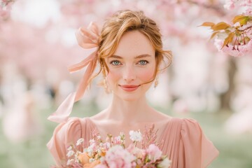 Fototapeta premium Beautiful woman with light orange hair, a pink ribbon in her hair