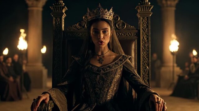 A queen seated on an ornate throne in a dark medieval hall, in cinematic style, on a torchlit background, symbolizing power