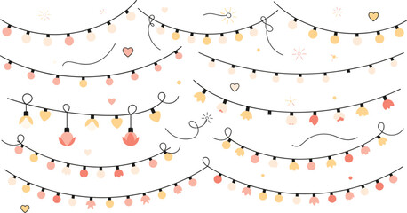 Decorative string lights collection with festive bulbs and garlands isolated on white background cozy illumination vector illustration set © Prodip