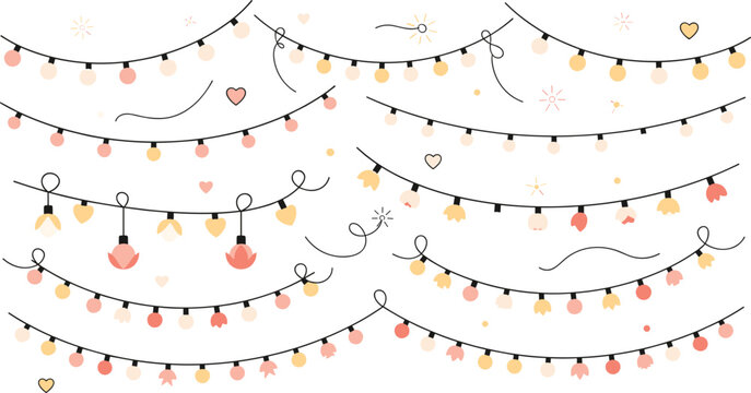 Decorative string lights collection with festive bulbs and garlands isolated on white background cozy illumination vector illustration set