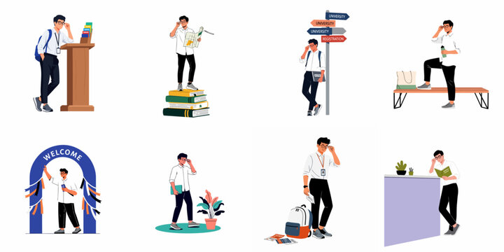 A collection of flat vector illustrations depicting a male student's experiences during university orientation, registration, and daily campus life.