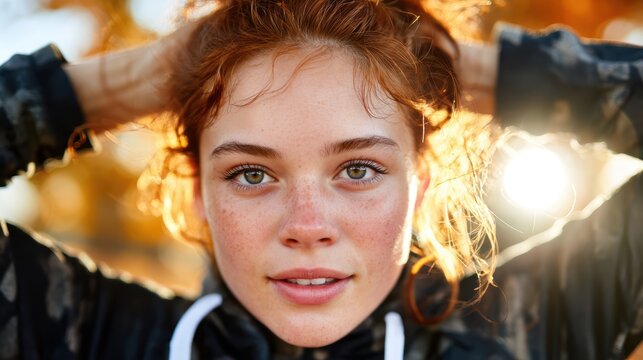 A close-up portrait of a young woman with freckles, hair pulled back, glowing in the warm autumn sunlight, capturing beauty and confidence amidst nature's change.