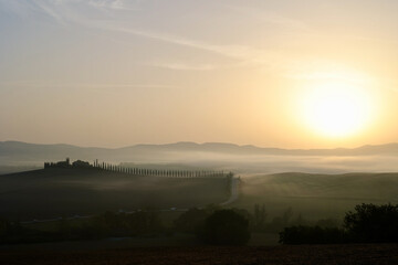 Obraz premium Autumn Sunrise over Cypress Road in the Province of Siena, Tuscany, Italy
