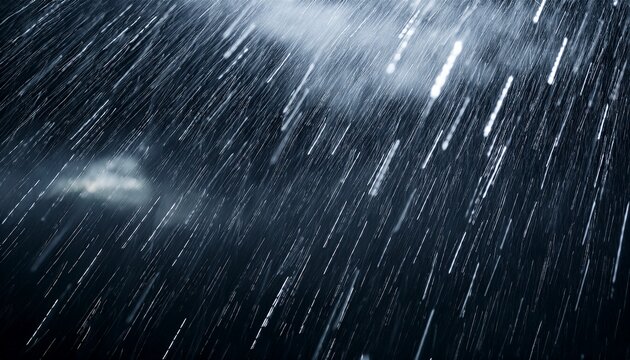 Heavy Rain Falling On A Dark Night With Streaks Of White Water Droplets Abstract Weather Overlay Background Texture For Dramatic Effect