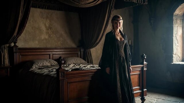 Medieval woman in elegant gown inside old castle bedroom in soft light on stone interior, concept of historical nobility