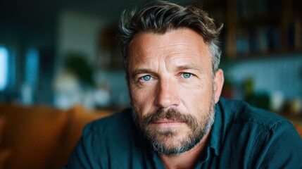 Obraz premium A mature man with silver hair and piercing blue eyes looks directly into the camera, conveying depth of thought and introspection while seated in a warm, inviting space.