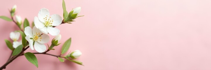 Obraz premium Delicate white blossoms, green leaves, pale pink backdrop Simple spring arrangement , pure, minimalist design, pink background