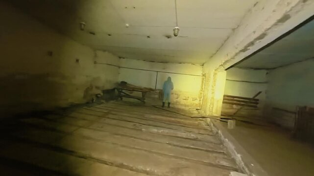 A maniac with an axe in the basement pretends to be a mannequin, and then sharply attacks the victim and chases the guy. A psycho with an axe runs after a guy in the basement. From the first person.