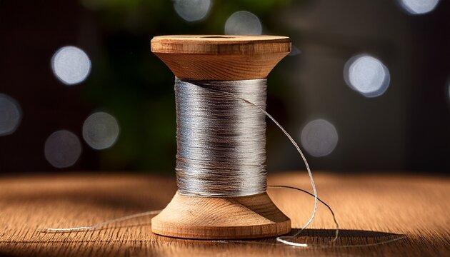 Wooden Spool With Silver Thread