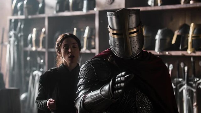 Medieval knight in armor with woman beside him, cinematic style, on dim armory background, concept of courage and preparation