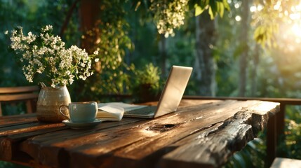 Fototapeta premium An inviting outdoor workspace featuring a laptop, a cup of coffee, and fresh flowers, illuminated by warm sunlight, perfect for inspiration and productivity in nature.