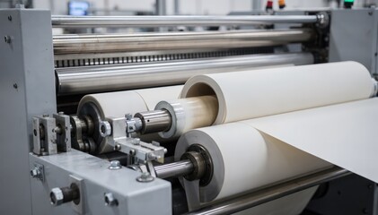 Fototapeta premium Medium shot showcasing tension controls adjusting paper facer and backer rolls in motion focusing on seamless alignment and consistent material feed in production.