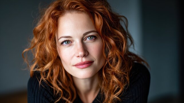 A stunning portrait of a confident woman with vibrant curly red hair, showcasing her striking blue eyes and natural beauty in soft lighting against a neutral background.