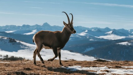 Fototapeta premium A mountain ibex stands on a snowy alpine ridge with snow-capped peaks in the background.