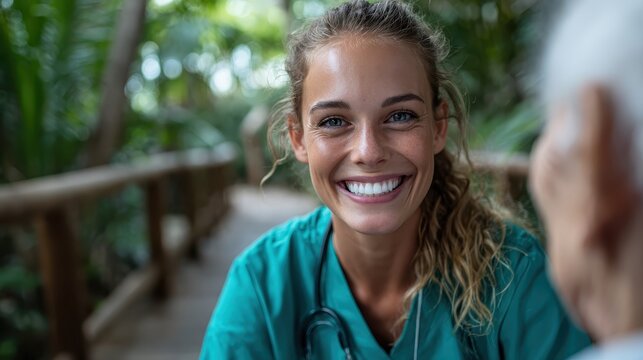 A healthcare professional with a friendly smile stands in a lush green environment, establishing a warm connection, symbolizing care, compassion, and commitment to patient well-being.