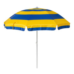 Obraz premium A vibrant yellow and blue striped beach umbrella on transparent background