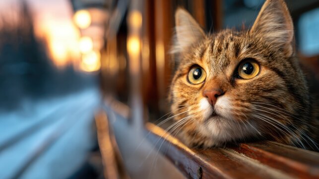 A curious cat gazes out of a train window, its expressive eyes capturing the wonder of travel, surrounded by a warm and cozy atmosphere of movement and adventure.