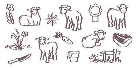 Fototapeta premium Minimalist hand-drawn sheep farm collection. Creative assets for animal husbandry brochures, organic food labels, nursery decor, and agricultural business branding or web icons.