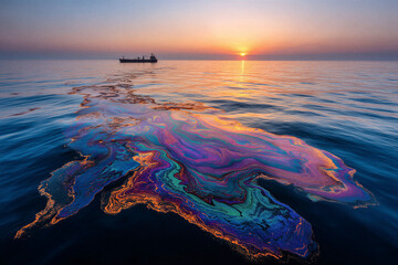 Fototapeta premium Massive Iridescent Oil Spill on Ocean Surface at Sunset with Distant Tanker Ship and Environmental Impact