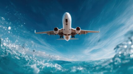 Naklejka premium A stunning view of an airplane soaring above the ocean, perfectly capturing the blend of aviation and nature amidst vibrant blue skies and gentle waves.