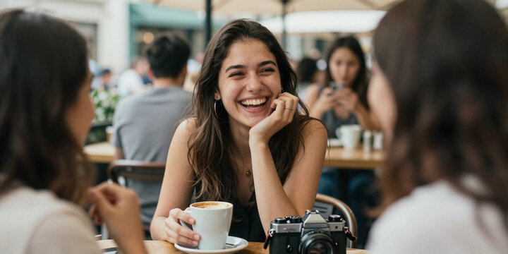 young women chatting in cafe steadicam shot
