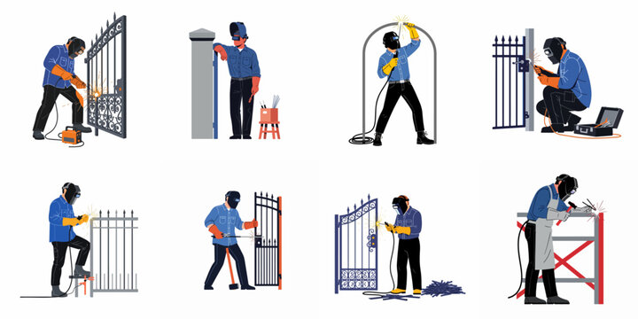 Collection of professional welder illustrations performing metalwork on iron gates and fences using welding equipment and wearing protective safety gear.
