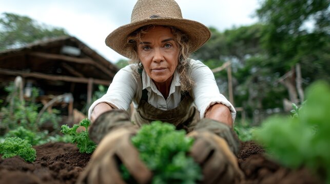 This image features a hardworking farmer kneeling in a garden, nurturing fresh greens, highlighting the importance of sustainable farming and connection to the earth.