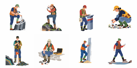 Fototapeta premium Collection of geologist and archaeologist illustrations showing professionals examining rock samples, collecting specimens, and conducting field research in various outdoor settings.