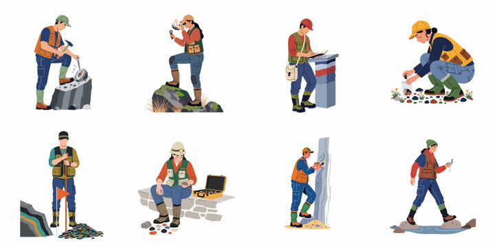 Collection of geologist and archaeologist illustrations showing professionals examining rock samples, collecting specimens, and conducting field research in various outdoor settings.