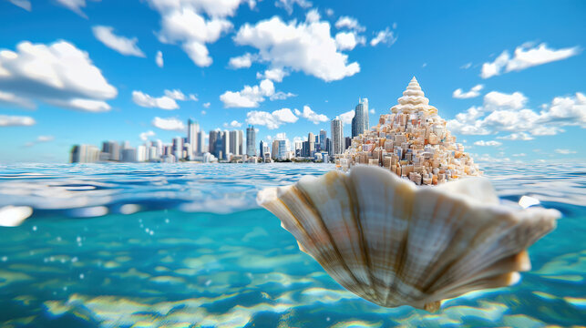 City built inside giant seashell floats on clear blue water, showcasing unique blend of nature and urban architecture