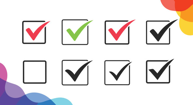 Grid of checklist boxes with various colored checkmarks in red green and black representing task completion and verification.