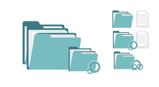 Set of digital file folders and document icons in shades of blue and teal for data organization and business management.